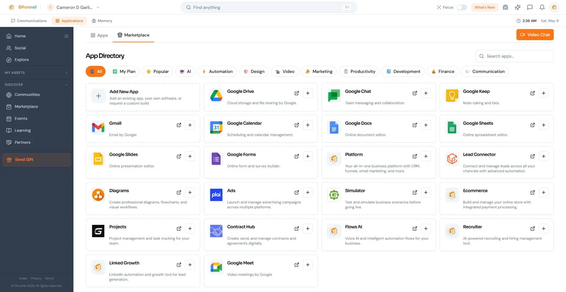 The GFunnel App Directory — Google Workspace, CRM, Ads, Ecommerce and more, integrated into one workspace.